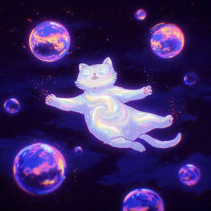 A dreamy illustration of a cosmic, translucent cat with a swirling galaxy body floating among glowing purple and pink planets in a starry night sky.