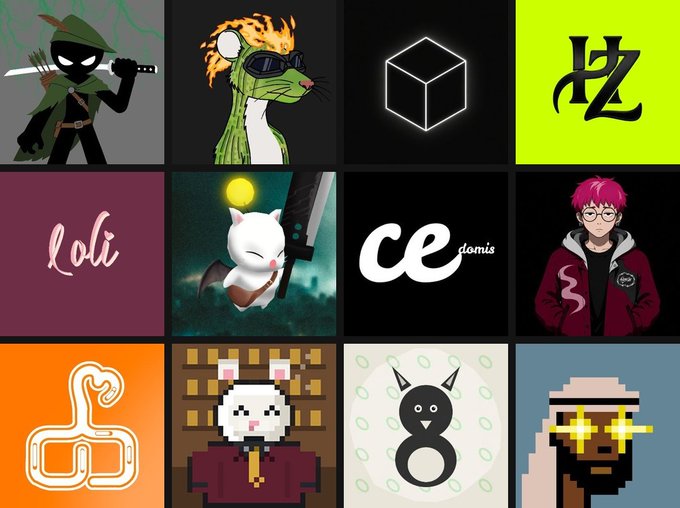 A grid of twelve digital avatars or icons featuring various stylized characters, animals (mouse, cat, dragon), logos, and pixel art designs on different colored backgrounds.