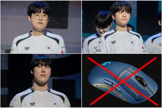 A four-panel image shows three young Korean esports players in white jerseys with South Korean flags, alongside an image of a blue Logitech Legends gaming mouse crossed out with a red X.