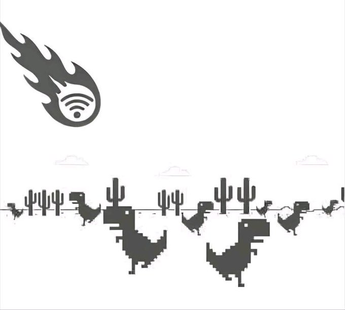 A pixelated desert scene showing T-Rex dinosaurs and cacti fleeing from a flaming Wi-Fi meteor falling from the sky.