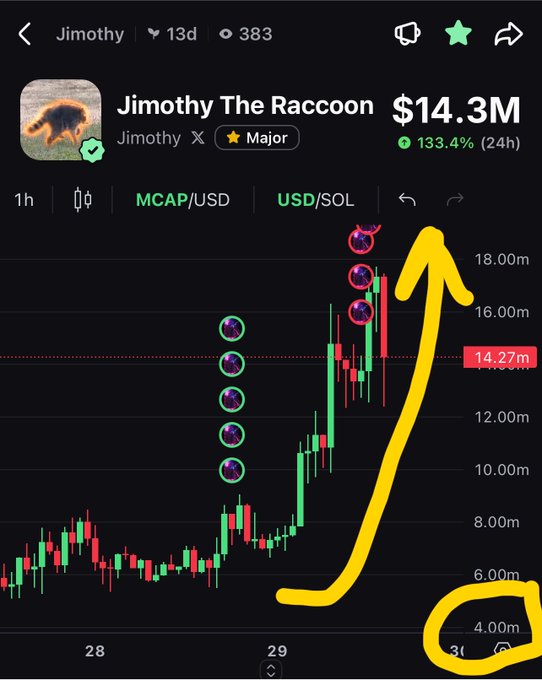 A cryptocurrency price chart for 'Jimothy The Raccoon' showing a market cap of $14.3M with a 133.4% gain over 24 hours, with a hand-drawn yellow arrow pointing upward and circling the price movement.