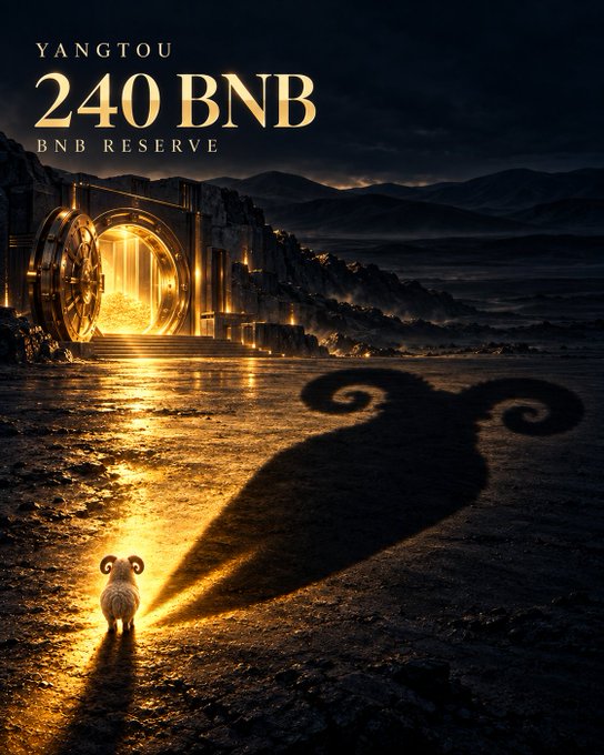 A dramatic promotional image displays 'YANGTOU 240 BNB BNB RESERVE' above a golden vault entrance set in a dark landscape, with a small ram casting a large ram-horn shadow.