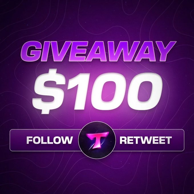 A purple graphic announcing a '$100 GIVEAWAY' with 'FOLLOW' and 'RETWEET' buttons flanking a 'T' logo at the bottom.
