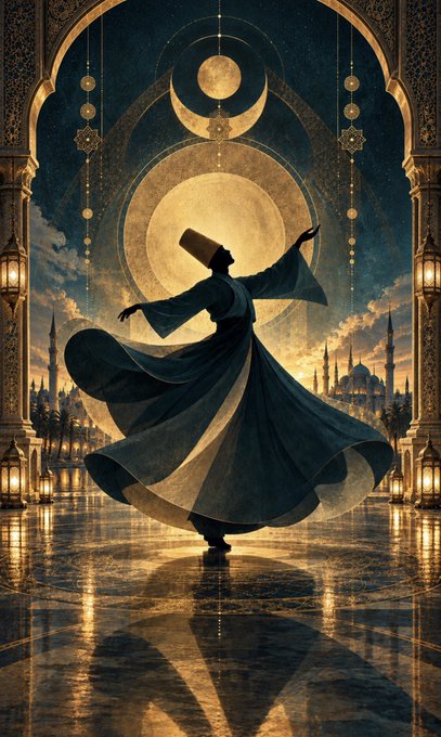 A digitally illustrated whirling dervish in flowing robes dancing beneath celestial circles against a sunset cityscape.