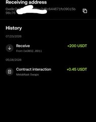 A dark-themed crypto wallet transaction history screen showing a receiving address and two entries: a 'Receive' of +200 USDT dated 07/29/2020 and a 'Contract Interaction' of +0.45 USDT dated 05/28/2020.