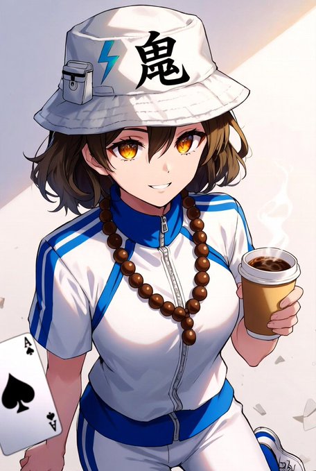 Anime-style illustration of a girl with brown hair and amber eyes wearing a white and blue tracksuit, a beaded necklace, and a white bucket hat with Chinese characters, holding coffee while a playing card floats nearby.