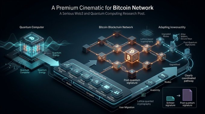An infographic titled 'A Premium Cinematic for Bitcoin Network - A Serious Web3 and Quantum Computing Research Post' illustrating the relationship between quantum computing, Bitcoin blockchain infrastructure, and post-quantum cryptography.