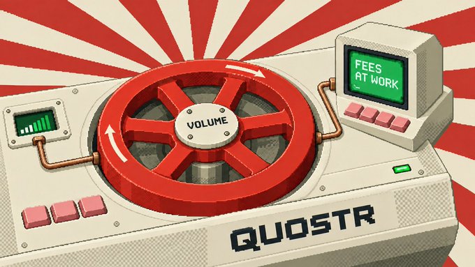 A retro-styled illustration shows a "QUOSTR" machine featuring a large red volume dial connected via copper pipes to a digital meter displaying "FEES AT WORK," set against a red sunburst background. The mechanical metaphor visually reinforces the post's flywheel concept, depicting how trading activity feeds into creator fees that power Quotron acquisitions and $QUOSTR buybacks and burns.