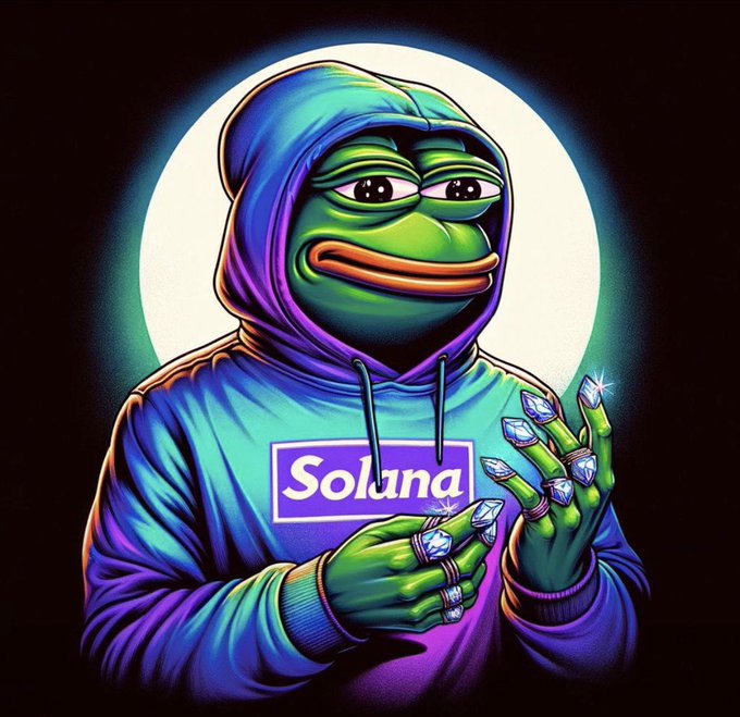 The image features a stylized Pepe the Frog wearing a blue hoodie emblazoned with "Solana" alongside diamond-encrusted rings, visually promoting the "$PEPE" meme coin launched on the Solana blockchain via pump.fun, as referenced in the tweet's contract address and Solana ecosystem branding.
