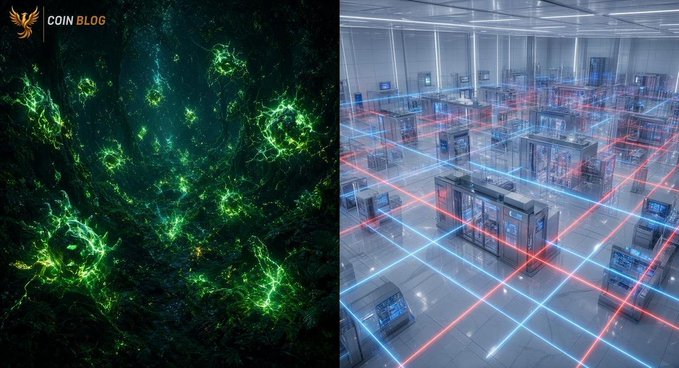 A side-by-side image labeled 'COIN BLOG' shows an abstract green glowing pattern on the left and a futuristic data center with red and blue laser grid lines on the right.