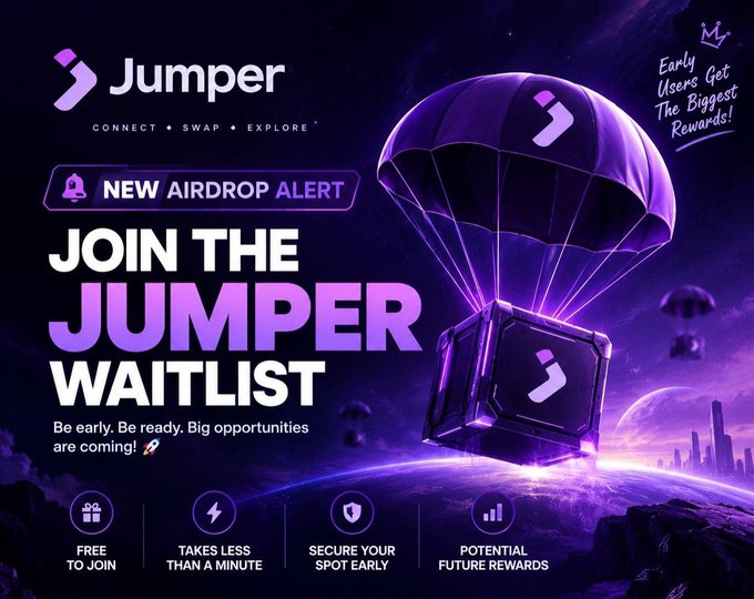 A purple promotional graphic for 'Jumper' (Connect • Swap • Explore) announcing a 'NEW AIRDROP ALERT' to 'JOIN THE JUMPER WAITLIST,' featuring a parachute with a crypto crate and noting 'Early Users Get The Biggest Rewards!' with benefits: Free to Join, Takes Less Than a Minute, Secure Your Spot Early, and Potential Future Rewards.