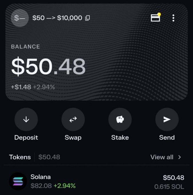 A dark-themed crypto wallet interface showing a starting balance of $50.48 in Solana (0.615 SOL), reflecting the initial $50 deposit for the "$50 to $10,000 challenge" announced in the post.