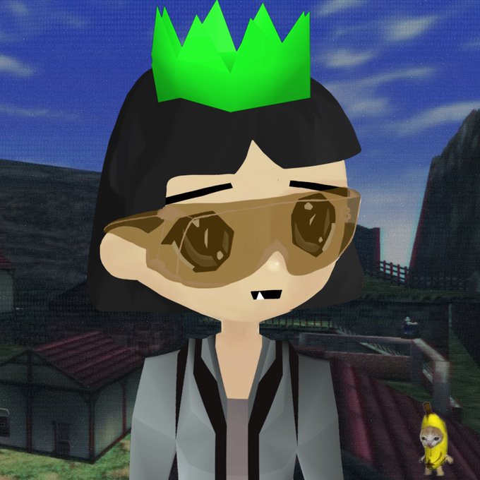 A 3D avatar character with black hair, large gold sunglasses, and a green paper crown, standing in front of a village background.