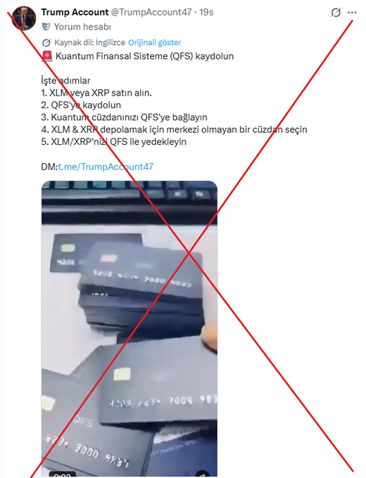 A Twitter/X post from 'Trump Account @TrumpAccount47' in Turkish language about the Quantum Financial System (QFS), marked with a large red X indicating it's flagged as misinformation or scam.