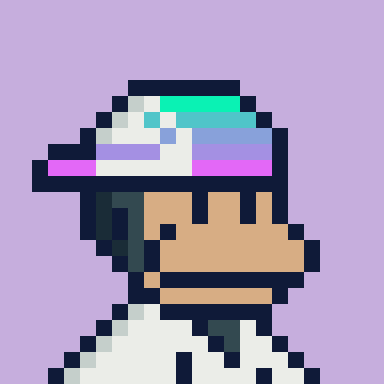 Pixel art illustration of a character wearing a futuristic, colorful iridescent visor against a lavender background.