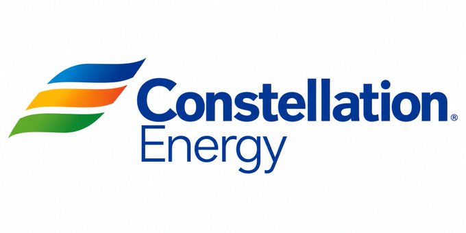 The image displays the Constellation Energy logo, featuring three stylized swooshes in blue, orange, and green alongside the company name in blue text. This relates to the post's discussion of the data center power trade, as Constellation Energy ($CEG) is a major player in the energy sector benefiting from increased power demand from AI-driven data centers.