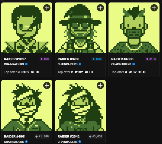 A collection of pixel-art 'ChainRaiders' NFT profile cards showing various character portraits with listed top offers of 0.0132 ETH.