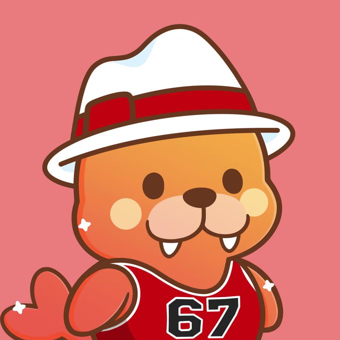 A cartoon illustration on a pink background depicts a smiling orange beaver wearing a white and red hat and a red jersey with the number '67'.