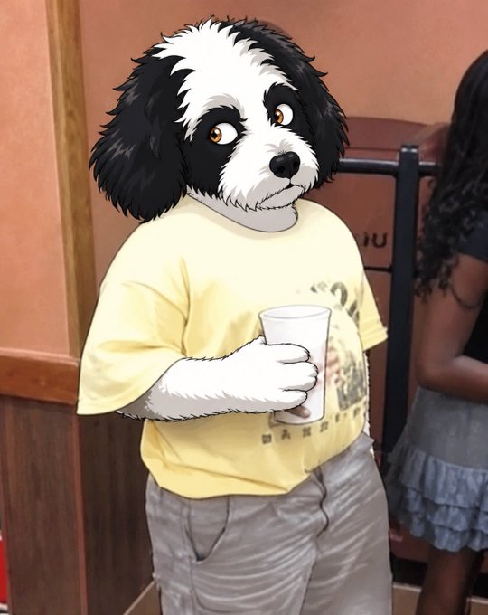 An anthropomorphic black and white dog character wearing a yellow t-shirt and gray pants holds a white cup, appearing in what seems to be a casual indoor setting. The cartoon dog has a humanoid body with canine features, standing next to what appears to be a real person, creating a humorous composite image that the post compares to a stock chart ticker for "$DOW - nsem."