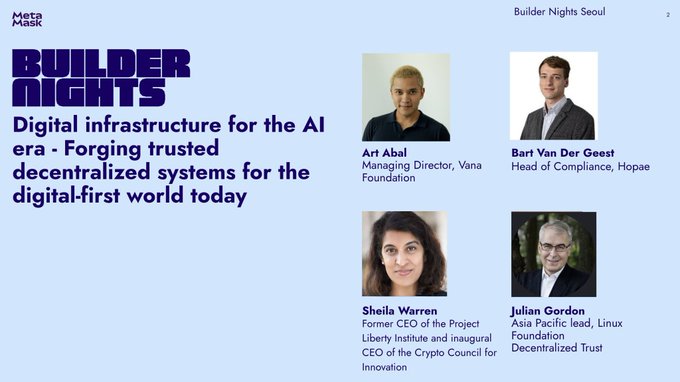 A presentation slide titled 'BUILDER NIGHTS' about 'Digital infrastructure for the AI era' featuring photos of speakers Art Abal, Bart Van Der Geest, Sheila Warren, and Julian Gordon.