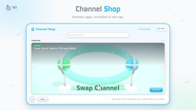 A webpage titled 'Channel Shop' with the tagline 'Onchain apps, installed in one tap,' featuring a featured app called 'Swap Channel' for trading stock tokens, ETH, and USDC.