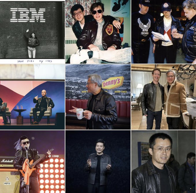 A 3x3 grid collage of nine men from finance and tech industries, all wearing leather jackets, including figures associated with IBM, Denny's, and Marshall amplification, with the post noting that one figure (CZ) is AI-generated. Visible text includes "IBM," "Denny's 6007 TIMES," and "Marshall."
