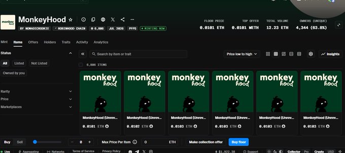 A dark-themed NFT marketplace page showing the 'MonkeyHood' collection with a floor price of 0.0181 ETH, featuring rows of green monkey silhouette thumbnails priced around 0.0183 ETH.