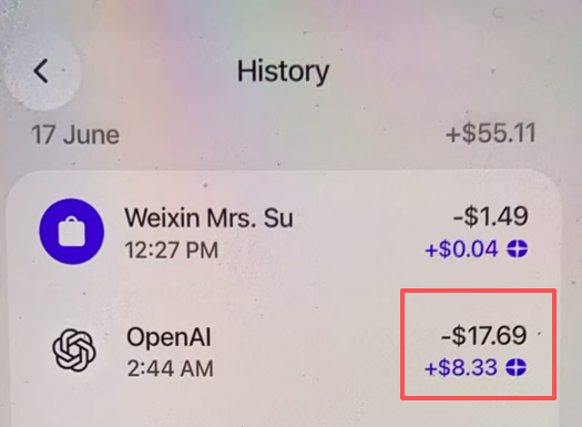 A mobile app transaction history screen showing transactions on 17 June, including Weixin Mrs. Su for -$1.49 and OpenAI for -$17.69, with the OpenAI charge highlighted in a red box.