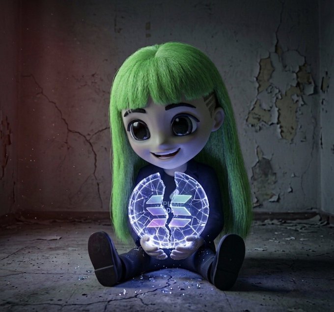 A stylized 3D-rendered figure with bright green hair and large expressive eyes sits in a dim, cracked room, smiling while holding a glowing fractured orb containing the letters "GN"—symbolizing a fragile but resilient crypto market rebounding with renewed energy.