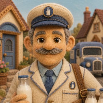 A detailed, stop-motion style figurine of a milkman with a mustache, wearing a uniform and cap, and holding a glass milk bottle in front of a miniature village backdrop with a blue van.