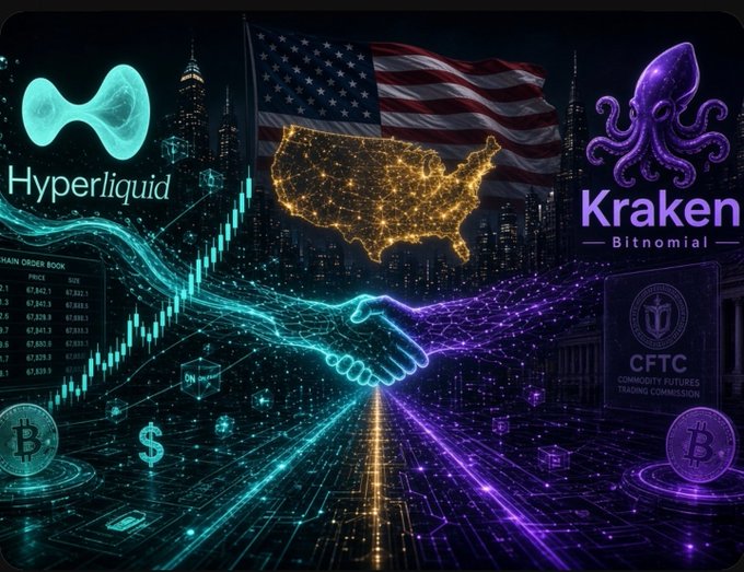 A digital illustration depicting a handshake between two glowing, particle-formed arms—one teal representing Hyperliquid and one purple representing Kraken—against a backdrop of the American flag, a glowing US map outline, financial charts, and CFTC branding.