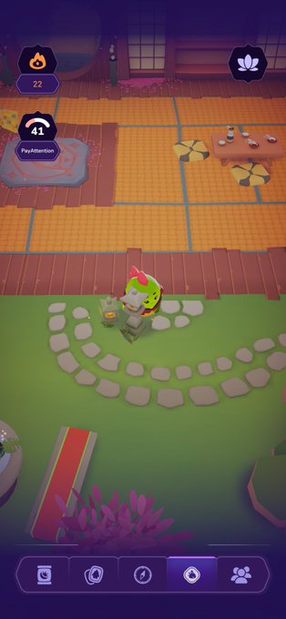 A screenshot from the Sleepagotchi app shows a cozy virtual garden scene with a character wearing a green hat, stone paths, and a home interior visible in the background, with the username "PayAttention" displayed alongside a score of 41. The interface includes a fire icon with "22" and various tools at the bottom, illustrating the connected ecosystem of health, rewards, and community features mentioned in the post.