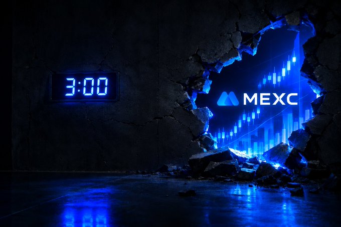 A dark, atmospheric promotional image for the MEXC cryptocurrency exchange, featuring a digital clock reading 3:00 next to a hole in a concrete wall revealing glowing blue candlestick charts and the MEXC logo.