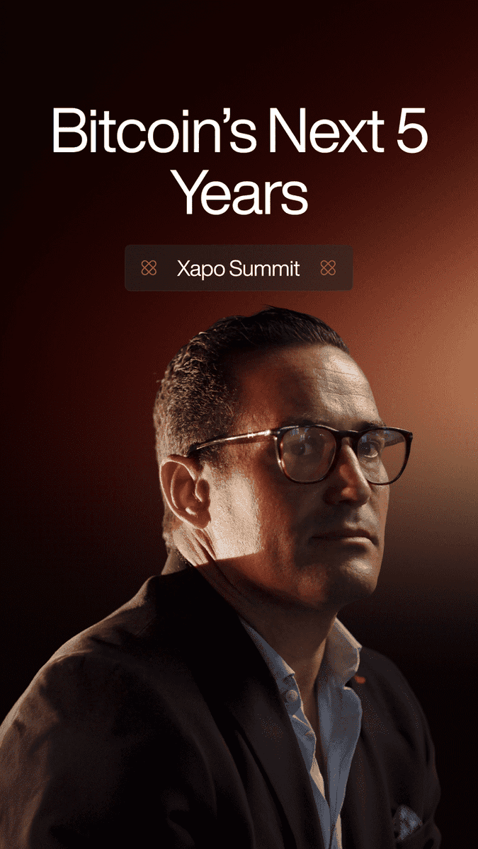 A promotional graphic titled 'Bitcoin's Next 5 Years' for the 'Xapo Summit', featuring a portrait of a man wearing glasses against a warm, dark orange background.