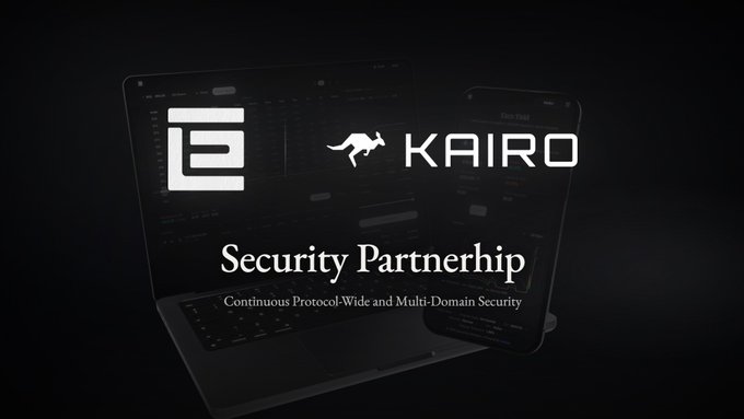 A dark promotional graphic showing a laptop and phone displaying a trading app, with the logos "F" (or "E") and "KAIRO" (featuring a horse icon), along with the text "Security Partnership" and "Continuous Protocol-Wide and Multi-Domain Security".