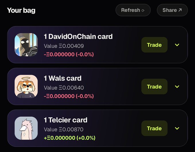A digital wallet interface titled "Your bag" displays three HoodFrens NFT cards—DavidOnChain (Ξ0.00409), Wals (Ξ0.00640), and Telcier (Ξ0.00870)—all showing 0.0% change, visually confirming the user's purchase of their first few HoodFrens cards as mentioned in their post.