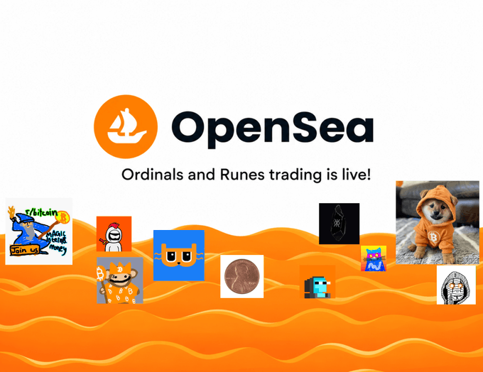 A promotional OpenSea graphic features the OpenSea sailboat logo and the headline “Ordinals and Runes trading is live!” above an orange wave filled with Bitcoin-themed NFTs. It illustrates the request to add support for Bitcoin Ordinals and Runes.