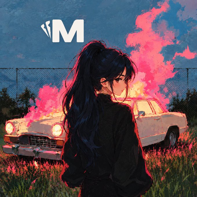 An anime-style illustration of a girl with long black hair viewed from behind, standing in front of a burning white vintage car with pink smoke, featuring an 'M' logo at the top.