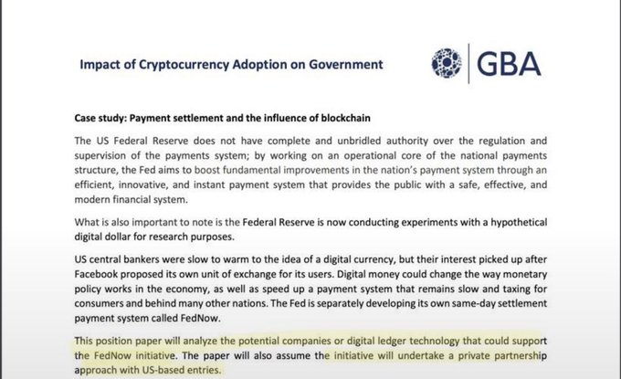 A document titled "Impact of Cryptocurrency Adoption on Government" by GBA, discussing a case study on payment settlement and blockchain influence, mentioning the US Federal Reserve and FedNow initiative.