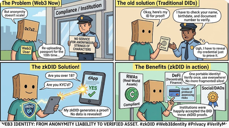 Four-panel comic titled 'The Problem (Web3 Now)' explaining zkDID identity solutions, showing a character using a 'zkID' app to verify credentials with compliance officers and police.