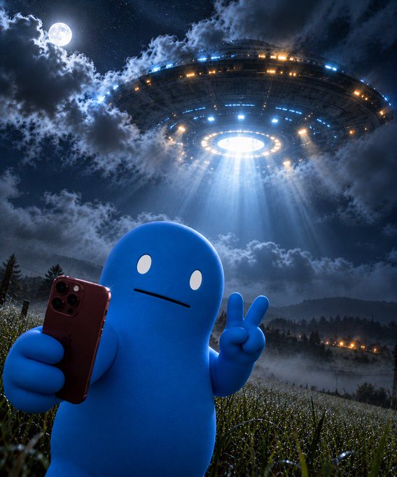 A blue, blob-like character with white eyes takes a selfie with a red smartphone while making a peace sign in front of a UFO beaming down light from a cloudy night sky, with 'POORGOAT__' visible as the apparent artist name.