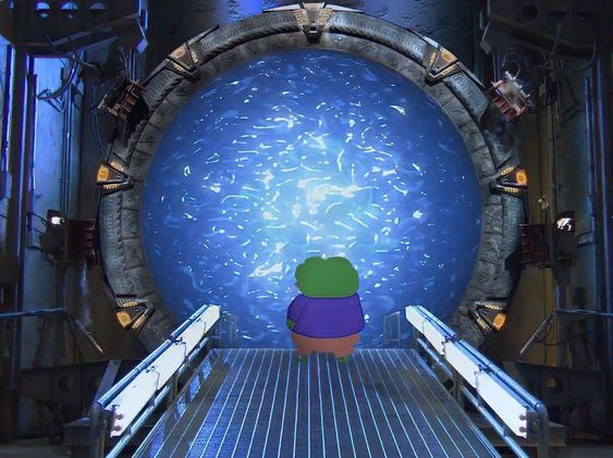 A cartoon figure standing on a walkway looking through a large circular portal at a swirling blue energy field, resembling the Stargate movie scene.