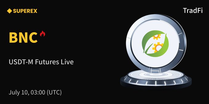 A promotional graphic for SuperEx's TradFi USDT-M Futures platform announces the listing of BNC, scheduled for July 10 at 03:00 (UTC), with a stylized coin displaying the BNC logo alongside the SuperEx branding. The image visually reinforces the post's announcement that BNC, which provides industrial maintenance, reliability, and engineering solutions, is now available for futures trading.