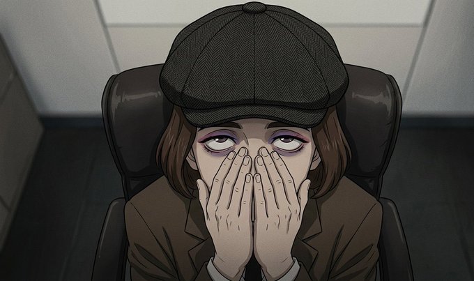 Digital illustration of a tired-looking woman wearing a herringbone cap and brown blazer, covering her face with both hands while sitting in a chair.
