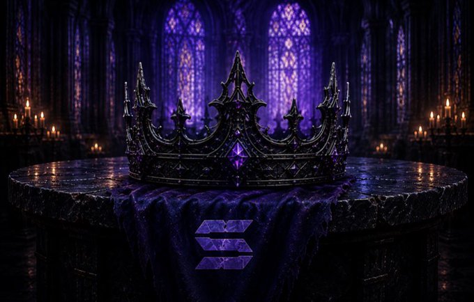 An ornate dark crown adorned with purple gems rests on a stone pedestal draped with purple fabric bearing a logo, set against a gothic cathedral backdrop with stained glass and candlelight.