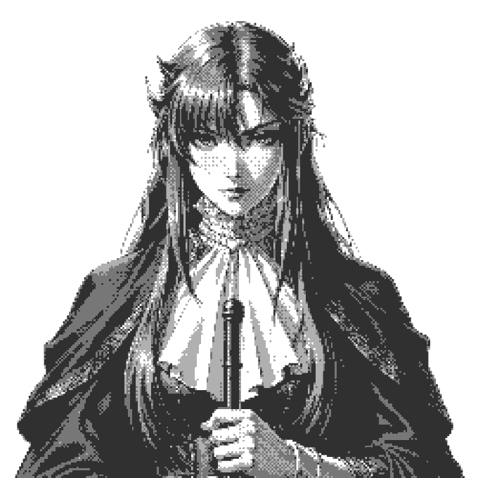 A black and white pixel art style illustration of an anime-style female character with long dark hair, wearing a formal suit and holding an umbrella handle.