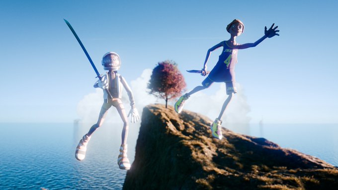 Two 3D animated characters with distorted smiles in spacesuits appear to be fighting with swords on a floating rock formation above the ocean.