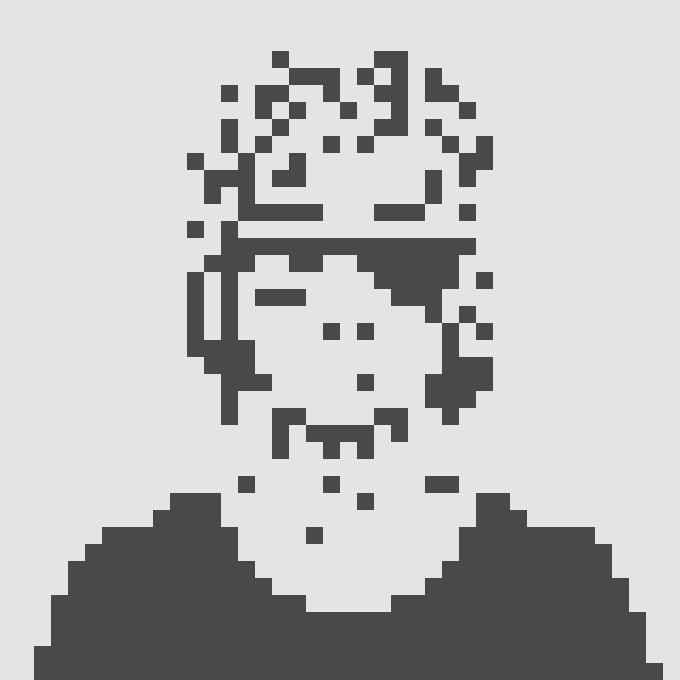 A pixel art portrait of a person with messy hair and a V-neck shirt rendered in dark blue and white.