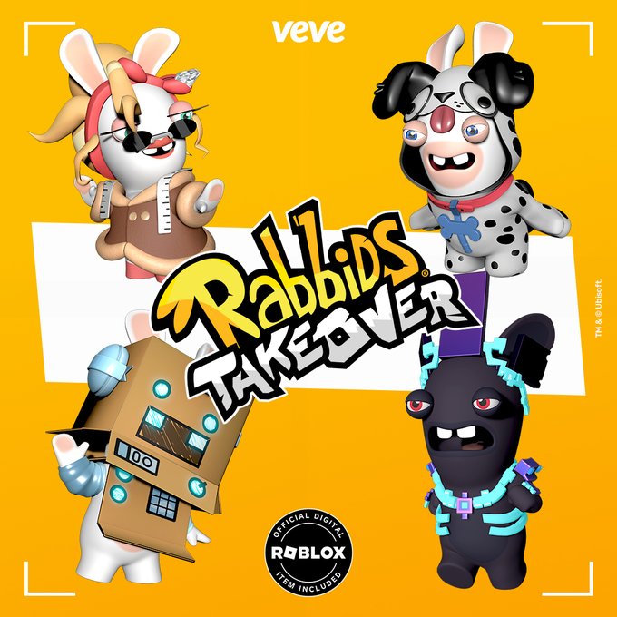 A promotional image for VeVe's 'Rabbids Takeover' digital collectibles on Roblox, featuring four Rabbid characters in various costumes including a robot suit, dalmatian outfit, cardboard box, and skeleton.