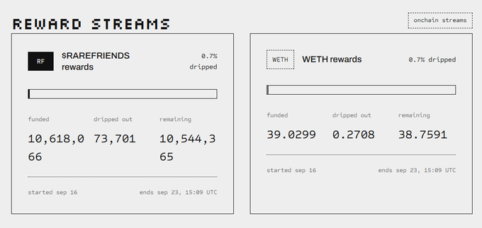 A 'REWARD STREAMS' dashboard shows '$RAREFRIENDS rewards' at 0.7% dripped with 10,618,066 funded and 10,544,365 remaining, alongside 'WETH rewards' at 0.7% dripped with 39.0299 funded and 38.7591 remaining, both running from Sep 16 to Sep 23.